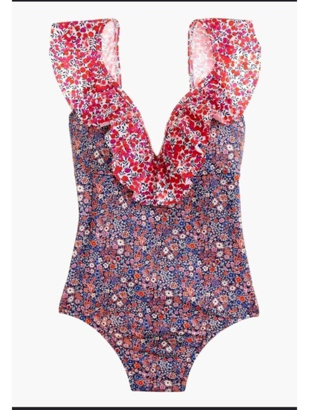 J. Crew Ruffle Deep V One Piece Swimsuit in Liberty Multi Floral Beach US 2 $168